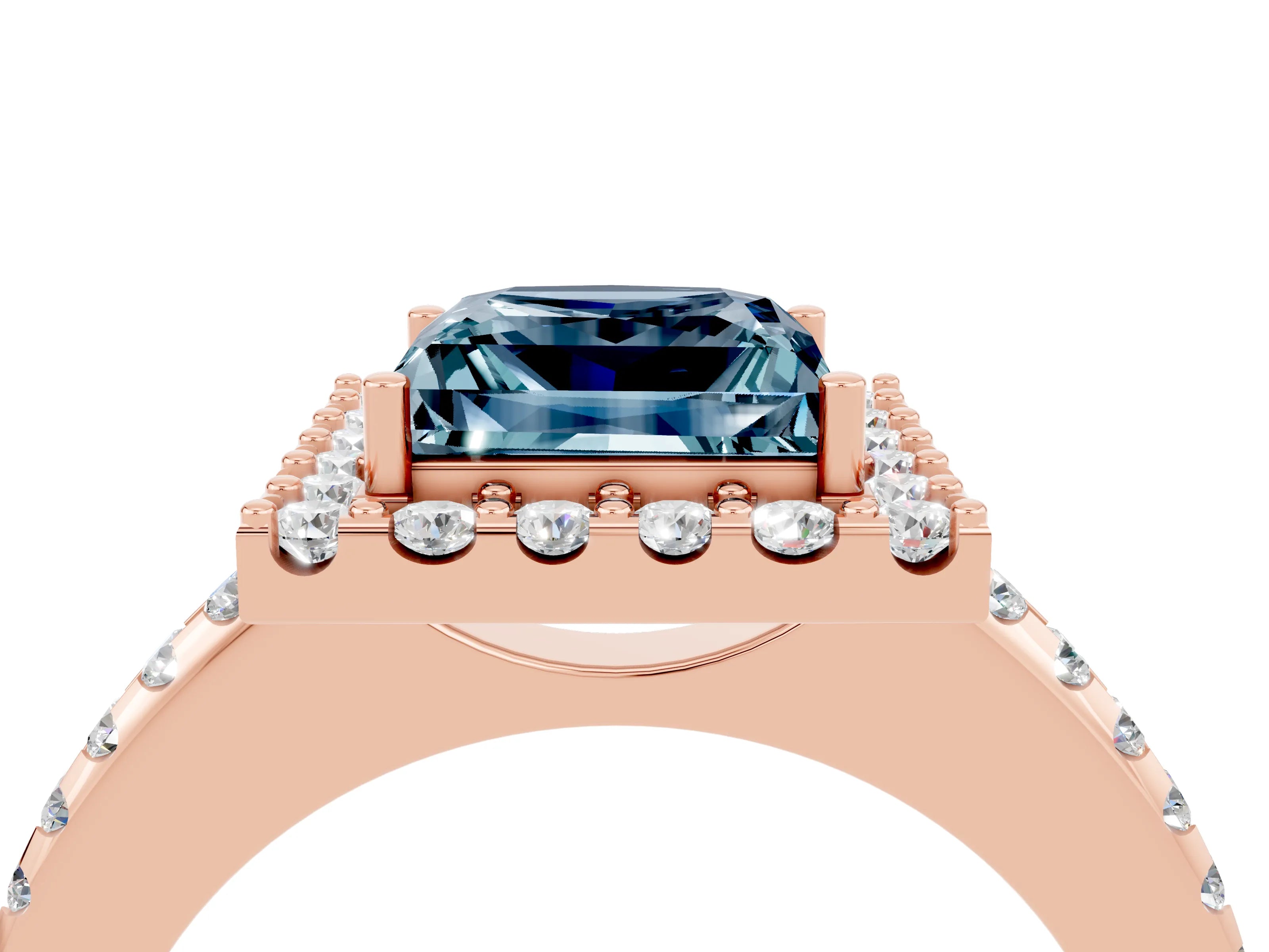 Rose gold Princess Cut Aquamarine Pavé Halo Ring with Four-Prong Setting_16