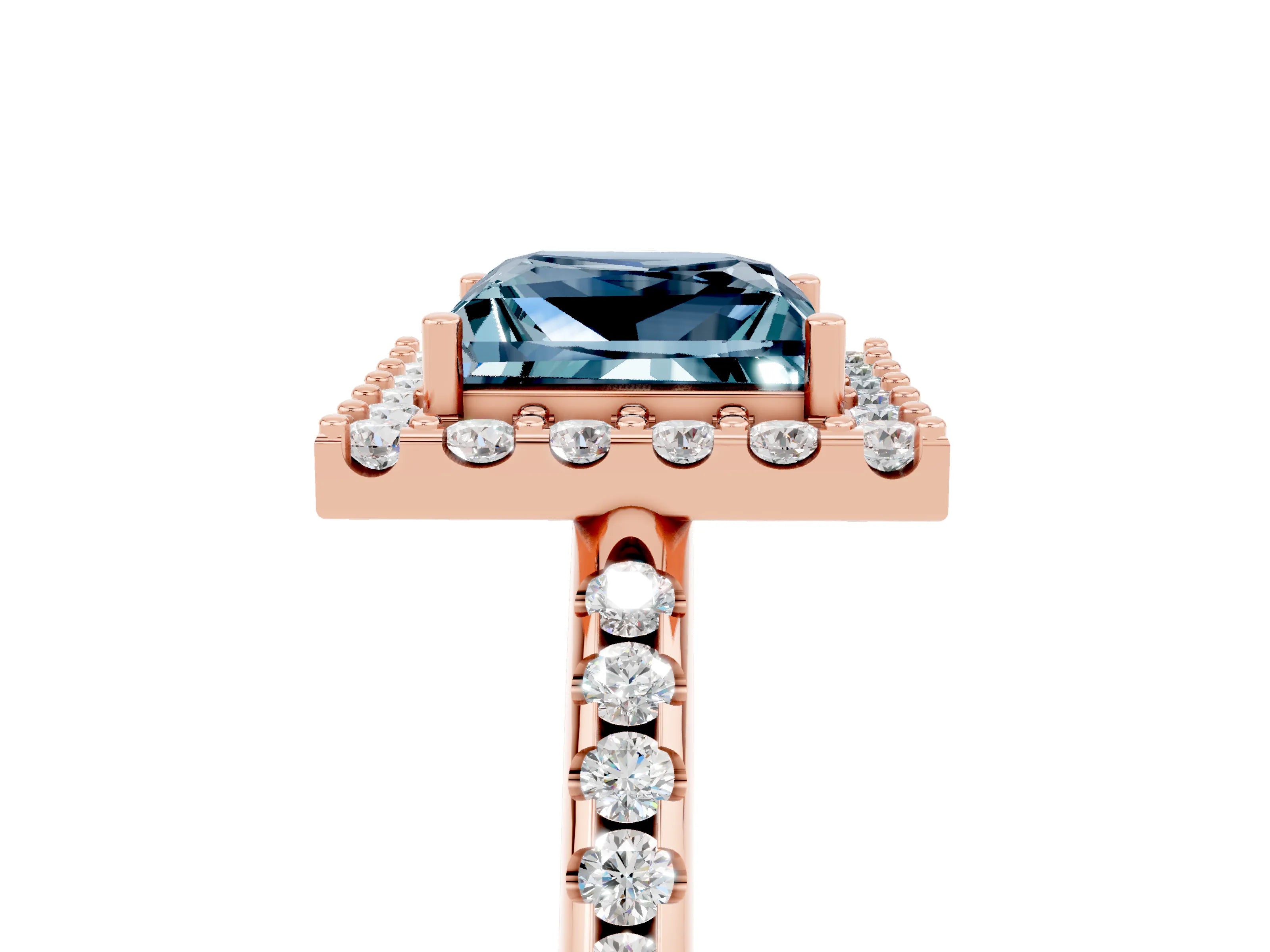 Rose gold Princess Cut Aquamarine Pavé Halo Ring with Four-Prong Setting_17
