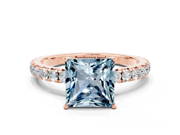 Rose gold Princess Cut Aquamarine Pavé Solitaire Engagement Ring with Four-Prong Setting
