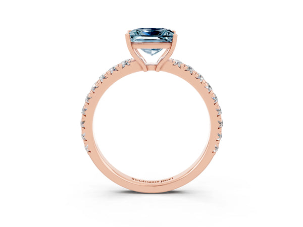 Rose gold Princess Cut Aquamarine Pavé Solitaire Engagement Ring with Four-Prong Setting