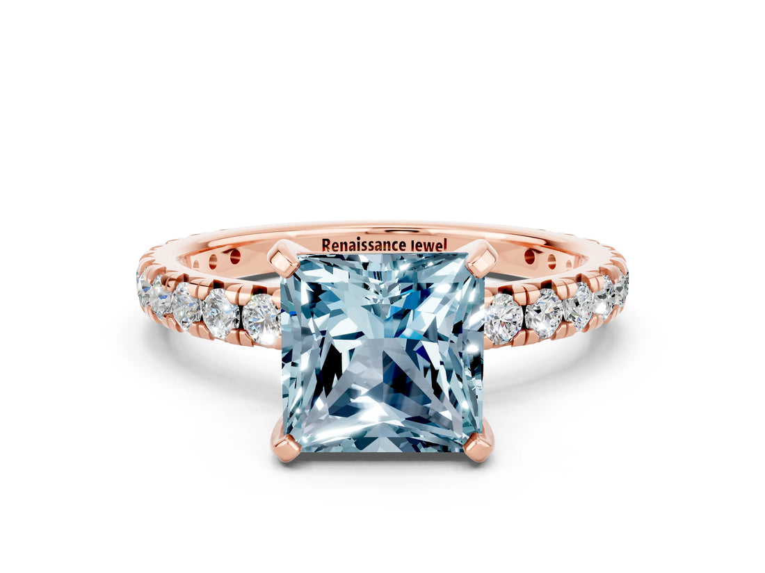 Rose gold Princess Cut Aquamarine Pavé Solitaire Ring with Round Band and Prong Setting_24
