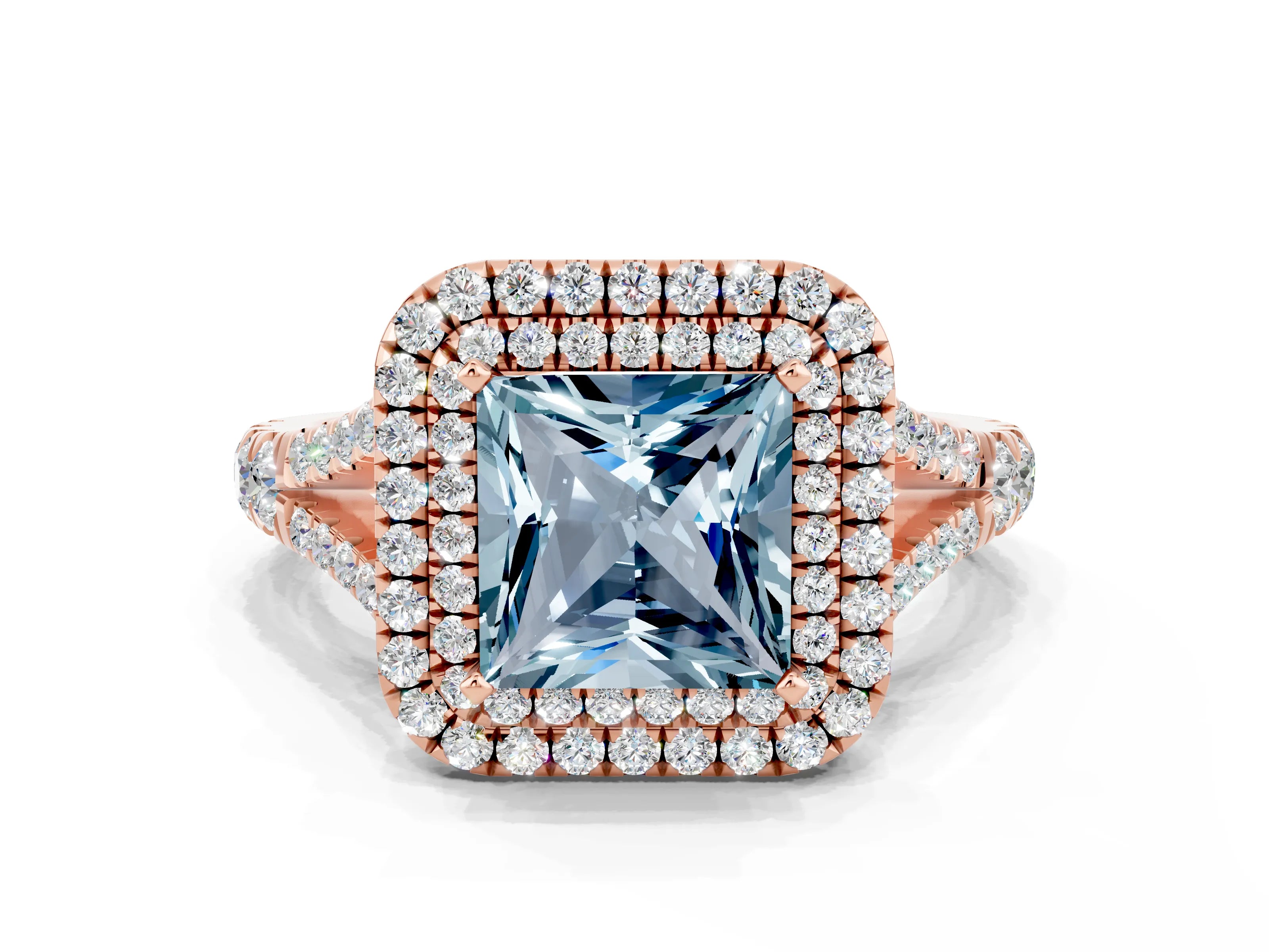 Rose gold Princess Cut Aquamarine Pavé Split Shank Double Halo Engagement Ring