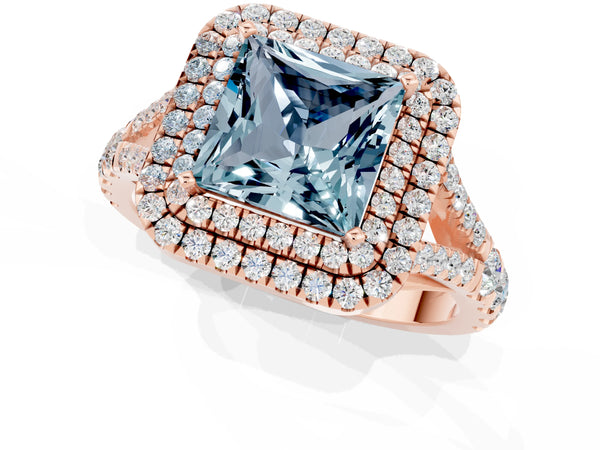 Rose gold Princess Cut Aquamarine Pavé Split Shank Double Halo Engagement Ring