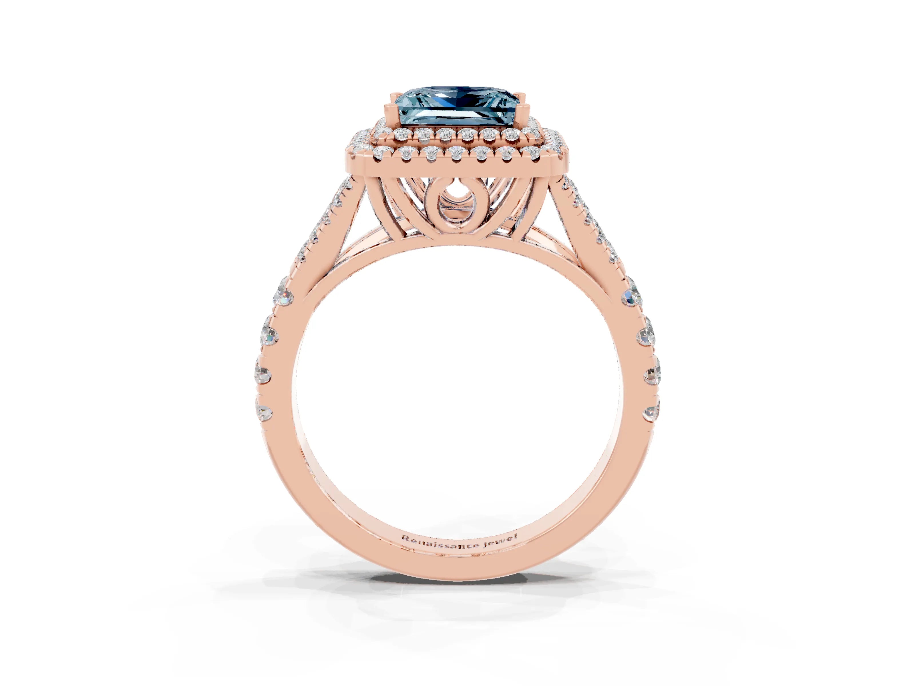 Rose gold Princess Cut Aquamarine Pavé Split Shank Double Halo Engagement Ring_3