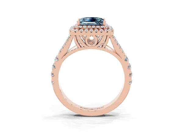 Rose gold Princess Cut Aquamarine Pavé Split Shank Double Halo Engagement Ring