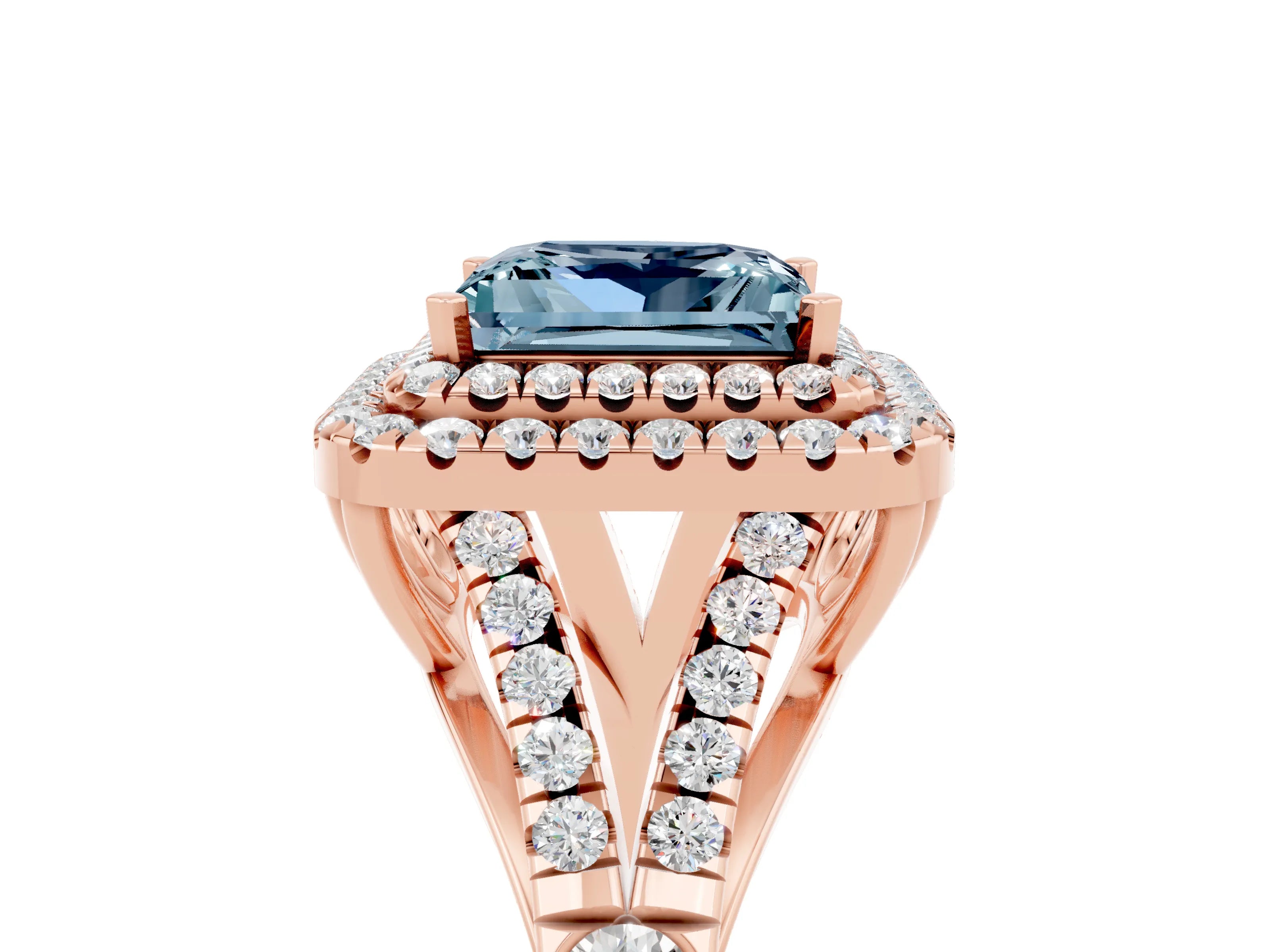 Rose gold Princess Cut Aquamarine Pavé Split Shank Double Halo Engagement Ring_5