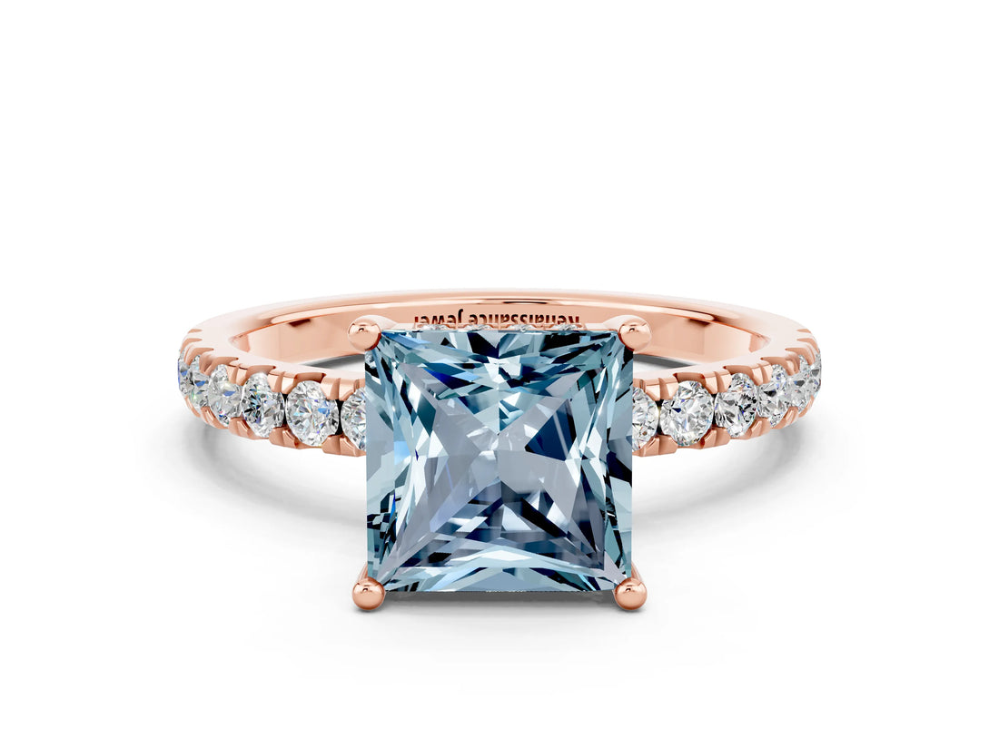 Rose gold Princess Cut Aquamarine Pave Band Solitaire Ring with Four-Prong Setting_24