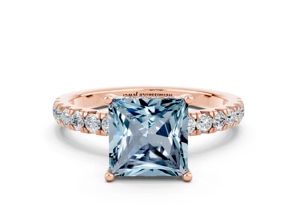 Rose gold Princess Cut Aquamarine Pave Band Solitaire Ring with Round  and Prong Setting