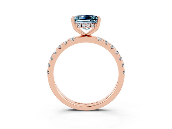 Rose gold Princess Cut Aquamarine Pave Band Solitaire Ring with Round  and Prong Setting