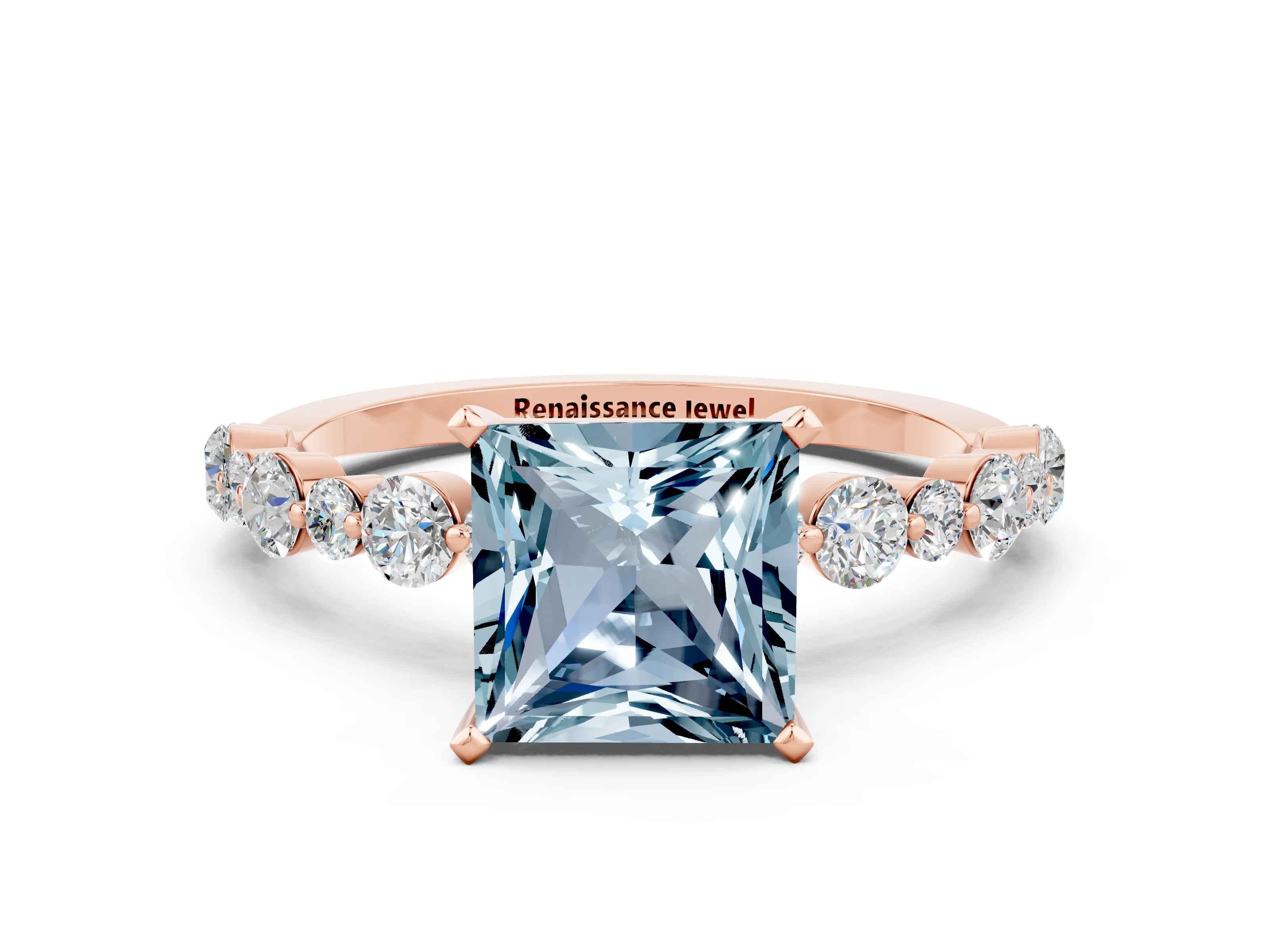 Rose gold Princess Cut Aquamarine Prong Set Engagement Ring with Pavé Band