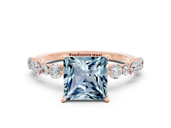 Rose gold Princess Cut Aquamarine Prong Set Engagement Ring with Pavé Band