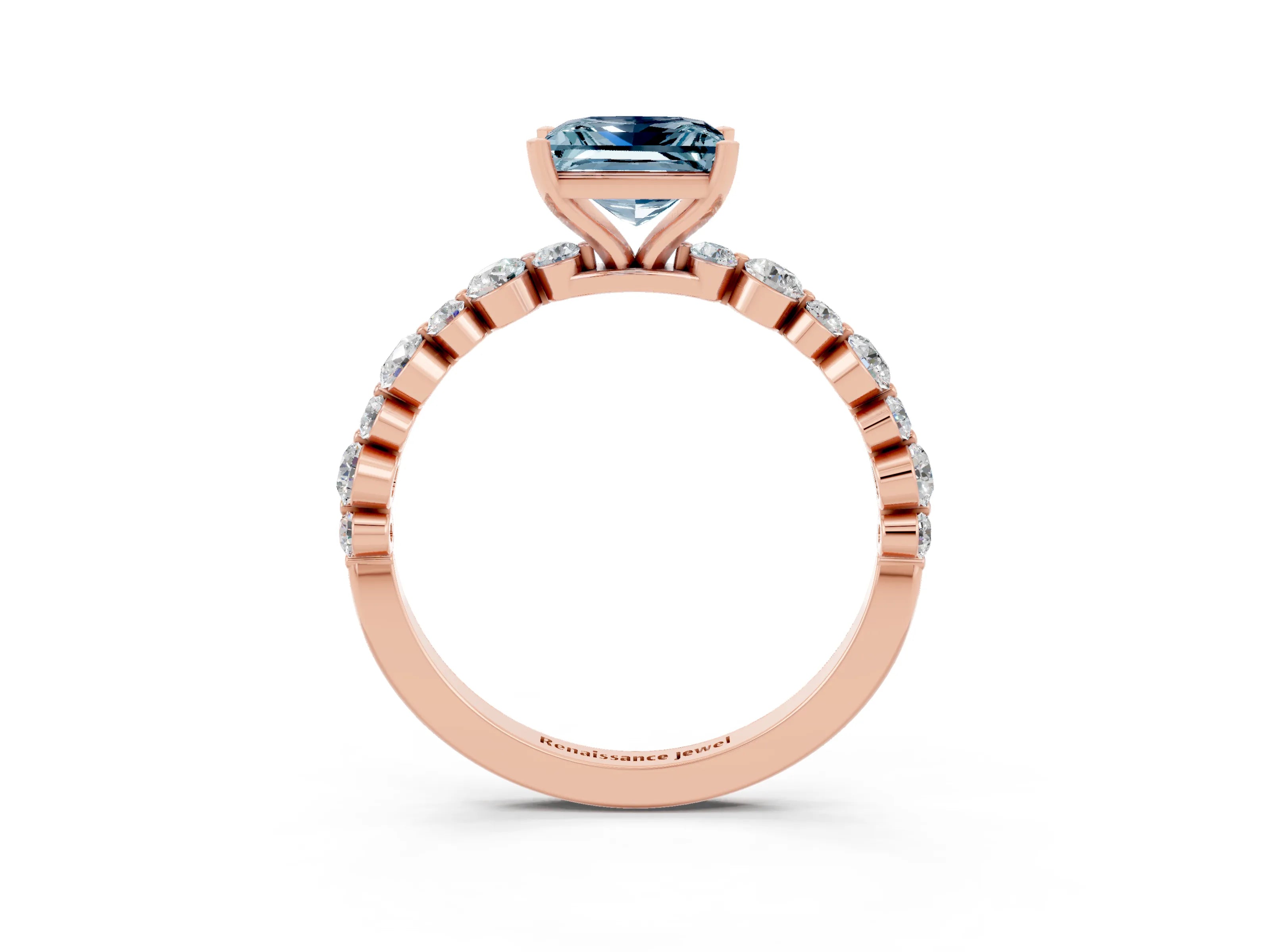 Rose gold Princess Cut Aquamarine Prong Set Engagement Ring with Pavé Band_3