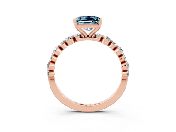 Rose gold Princess Cut Aquamarine Prong Set Engagement Ring with Pavé Band