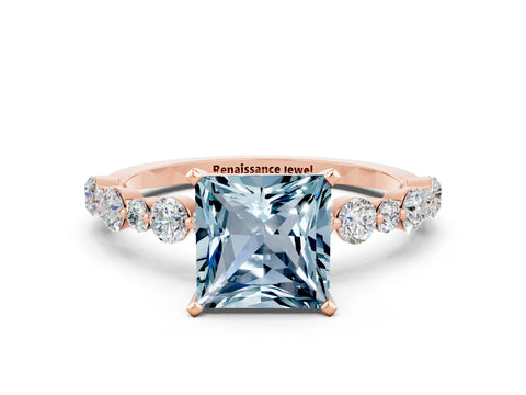 Rose gold Princess Cut Aquamarine Prong Set Engagement Ring with Pavé Band