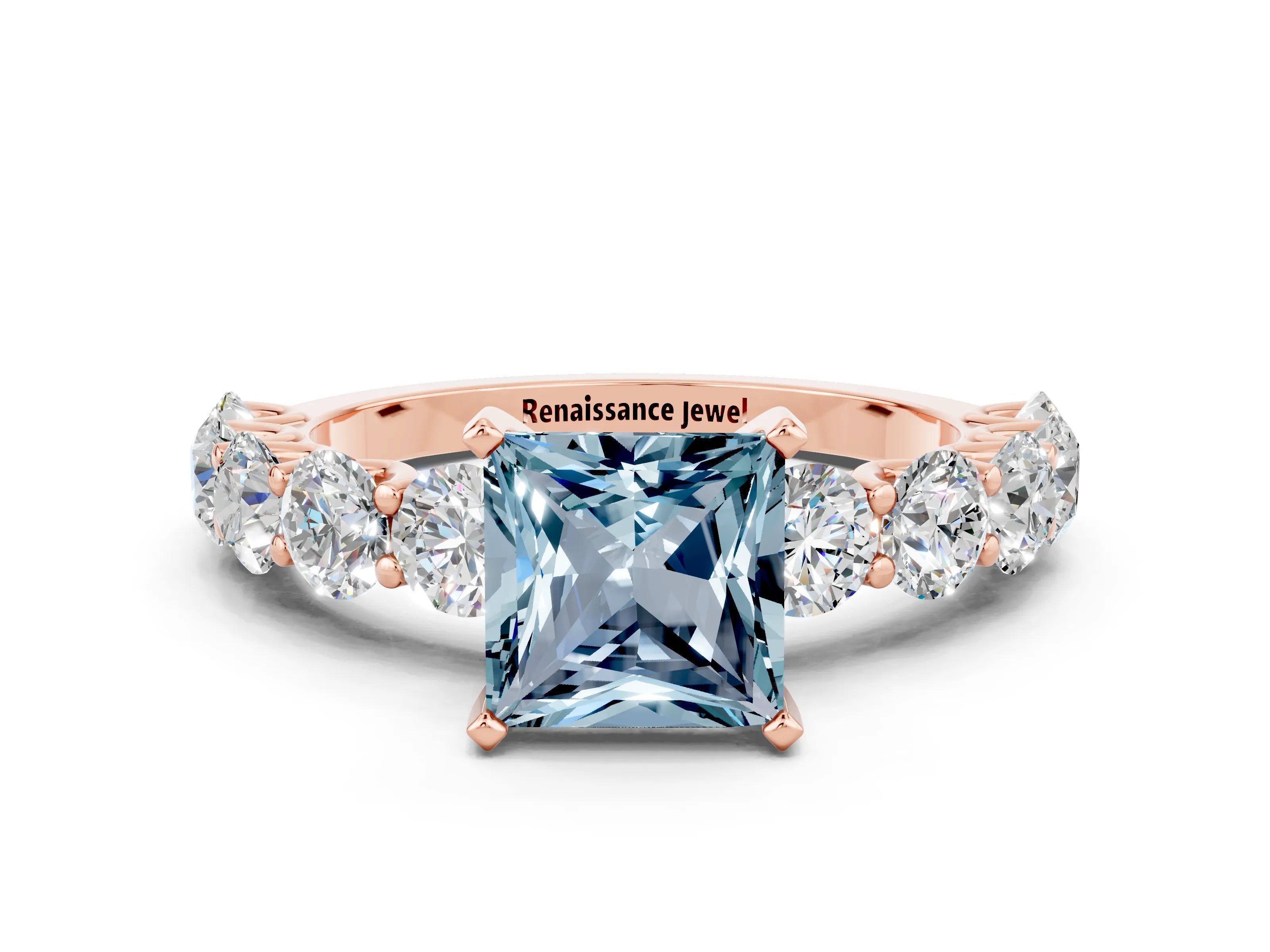Rose gold Princess Cut Aquamarine Prong Setting with Side Stones on a Pave Band