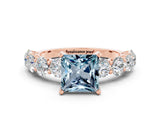 Rose gold Princess Cut Aquamarine Prong Setting with Side Stones on a Pave Band
