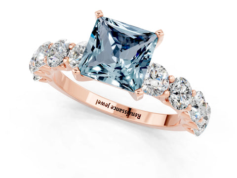 Rose gold Princess Cut Aquamarine Prong Setting with Side Stones on a Pave Band_1