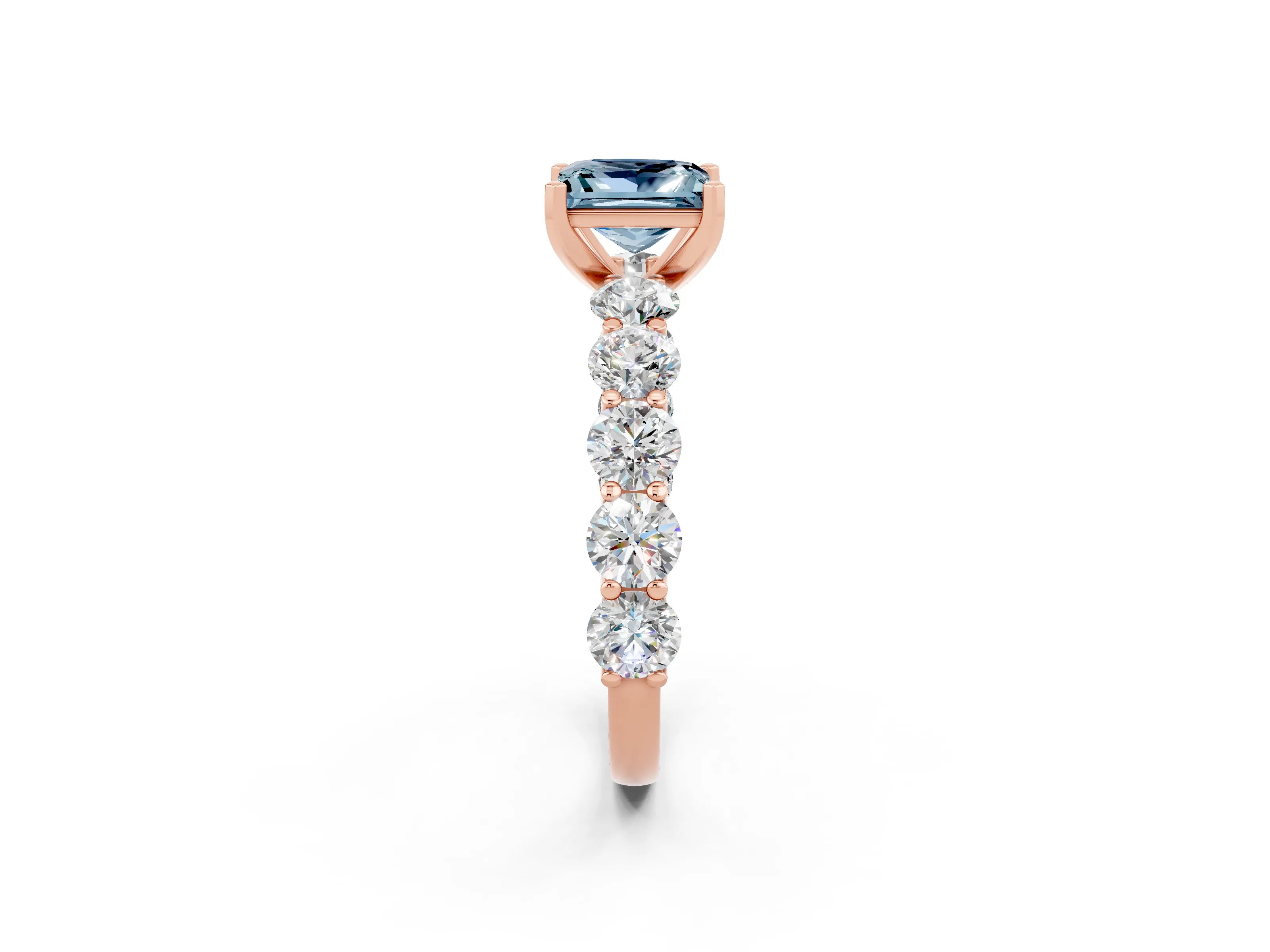 Rose gold Princess Cut Aquamarine Prong Setting with Side Stones on a Pave Band_2