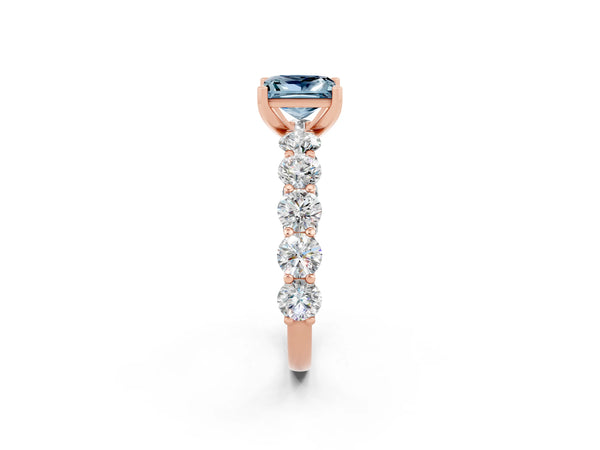 Rose gold Princess Cut Aquamarine Prong Setting with Side Stones on a Pave Band