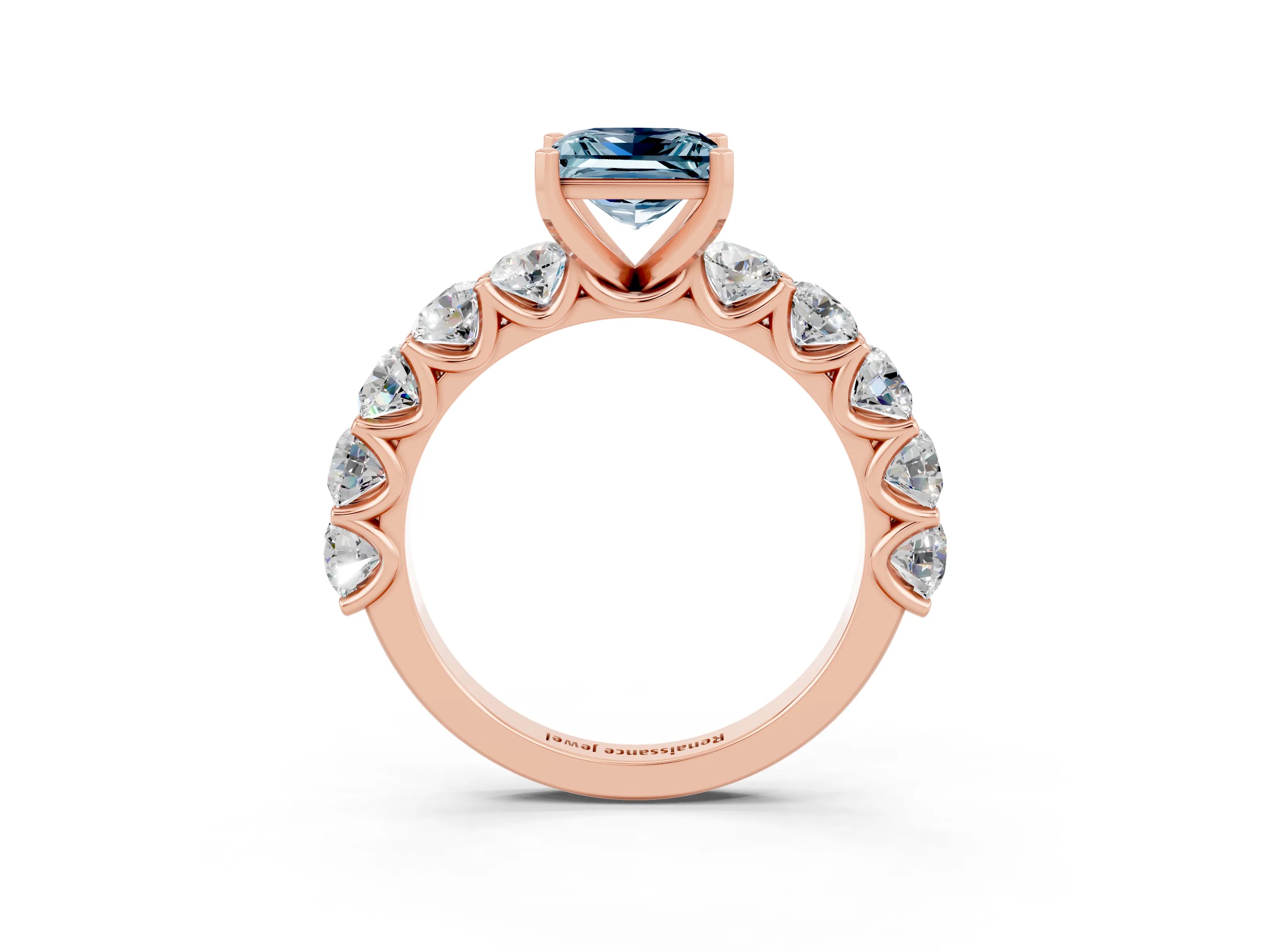 Rose gold Princess Cut Aquamarine Prong Setting with Side Stones on a Pave Band_3