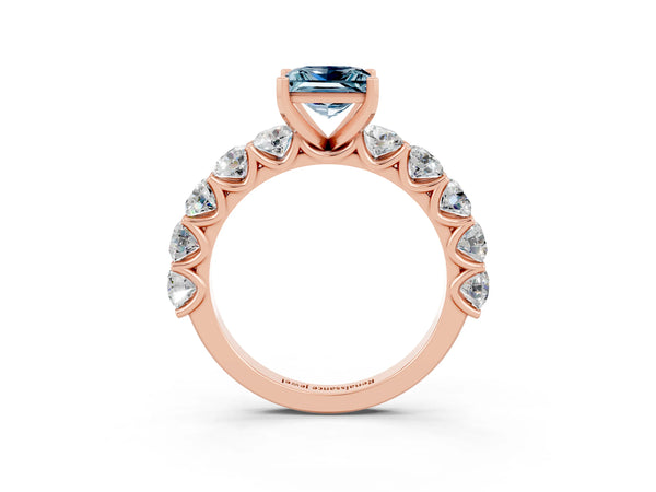 Rose gold Princess Cut Aquamarine Prong Setting with Side Stones on a Pave Band