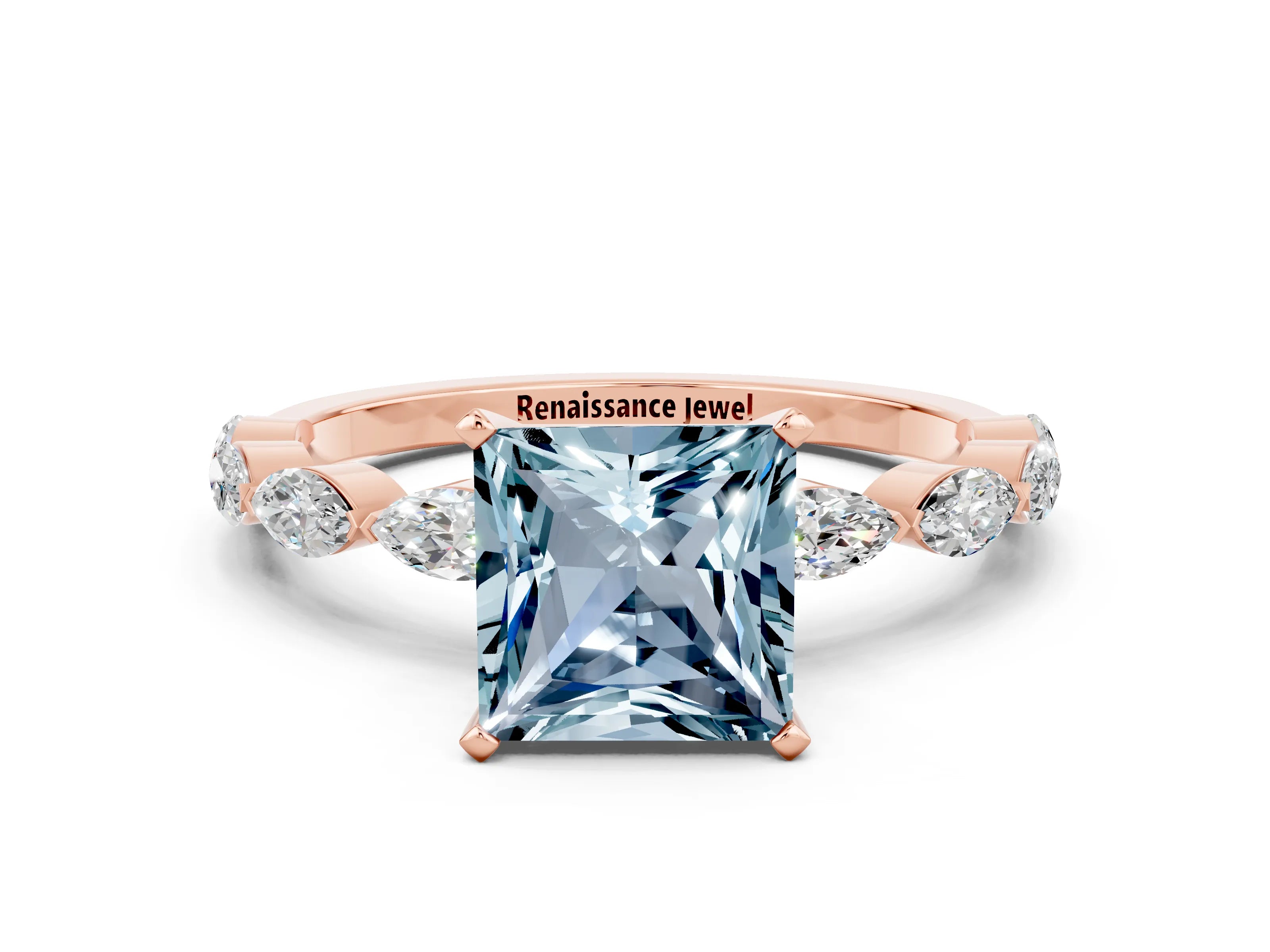 Rose gold Princess Cut Aquamarine Ring with Marquise Side Stones and Prong Setting