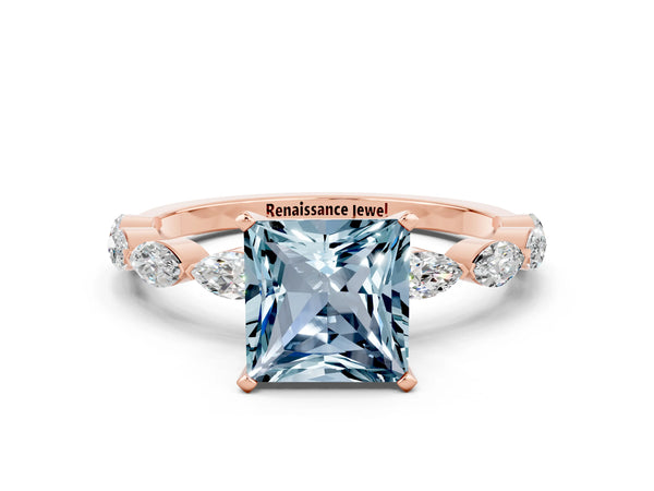 Rose gold Princess Cut Aquamarine Ring with Marquise Side Stones and Prong Setting