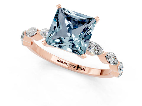 Rose gold Princess Cut Aquamarine Ring with Marquise Side Stones and Prong Setting_1