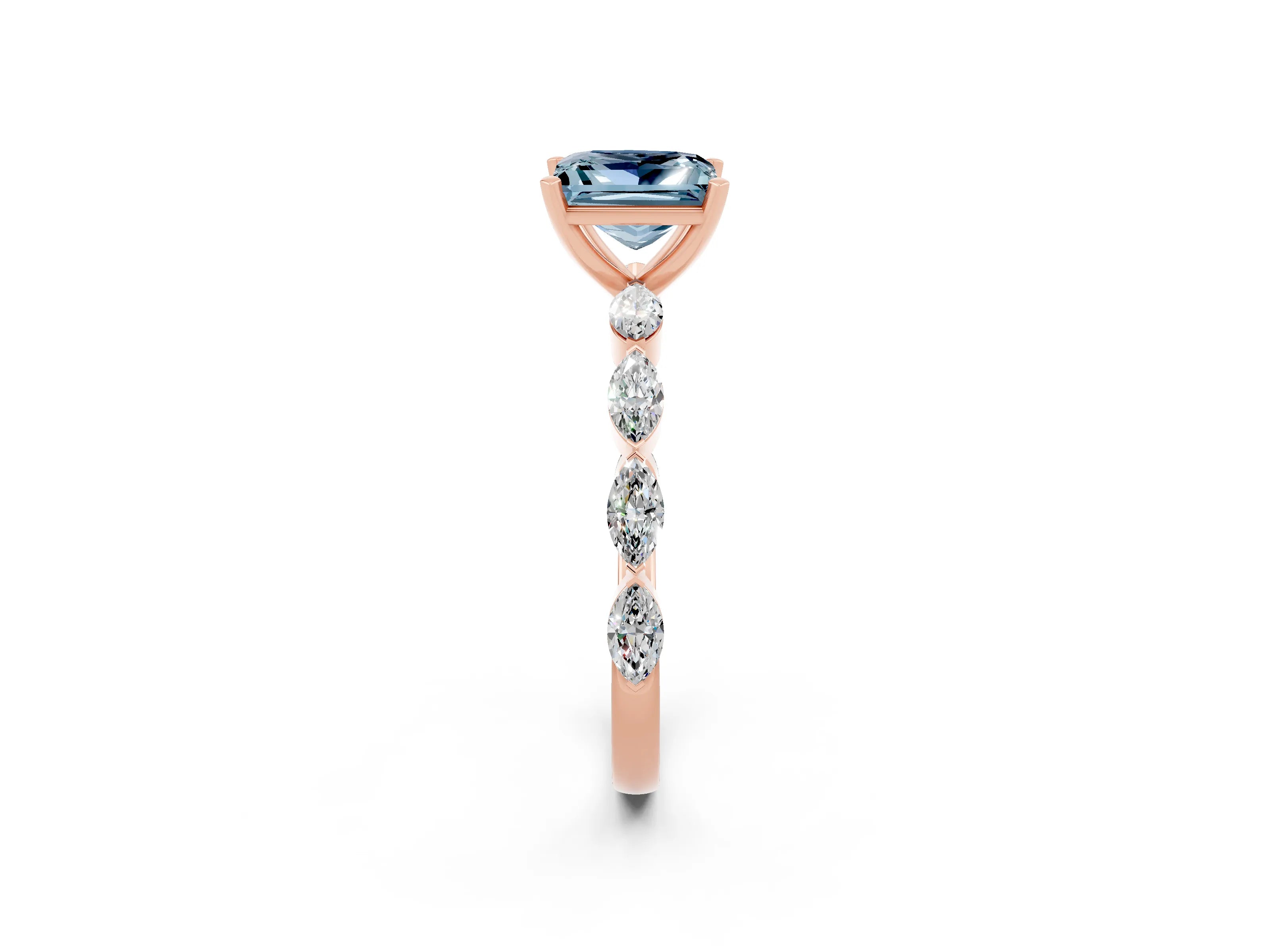 Rose gold Princess Cut Aquamarine Ring with Marquise Side Stones and Prong Setting_2