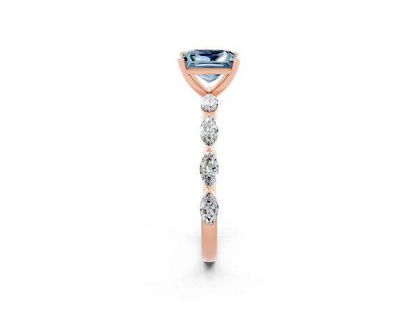 Rose gold Princess Cut Aquamarine Ring with Marquise Side Stones and Prong Setting