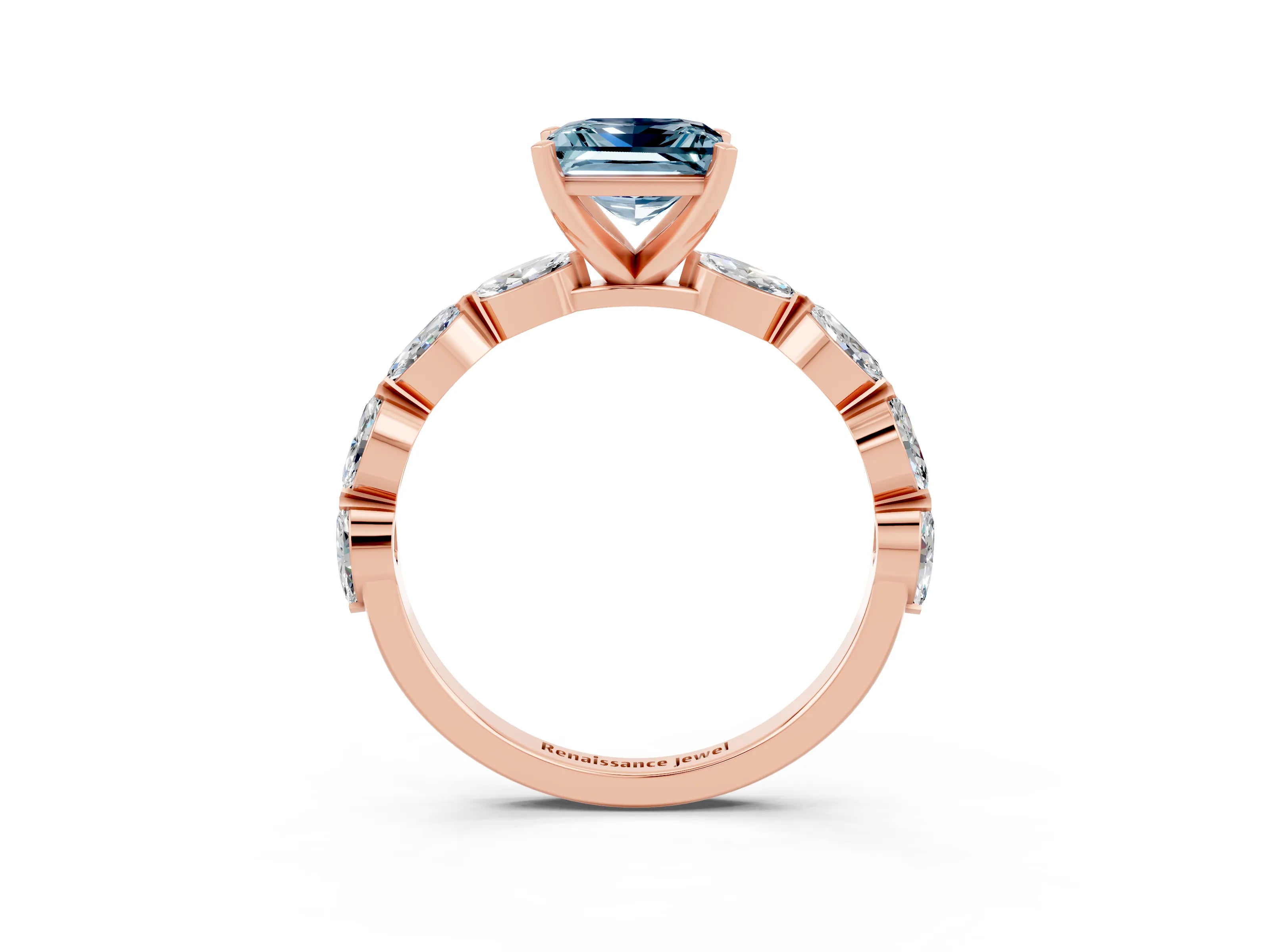 Rose gold Princess Cut Aquamarine Ring with Marquise Side Stones and Prong Setting_3
