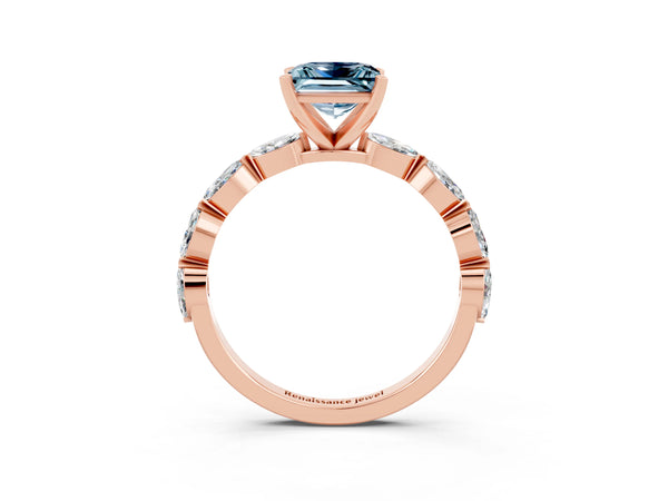 Rose gold Princess Cut Aquamarine Ring with Marquise Side Stones and Prong Setting