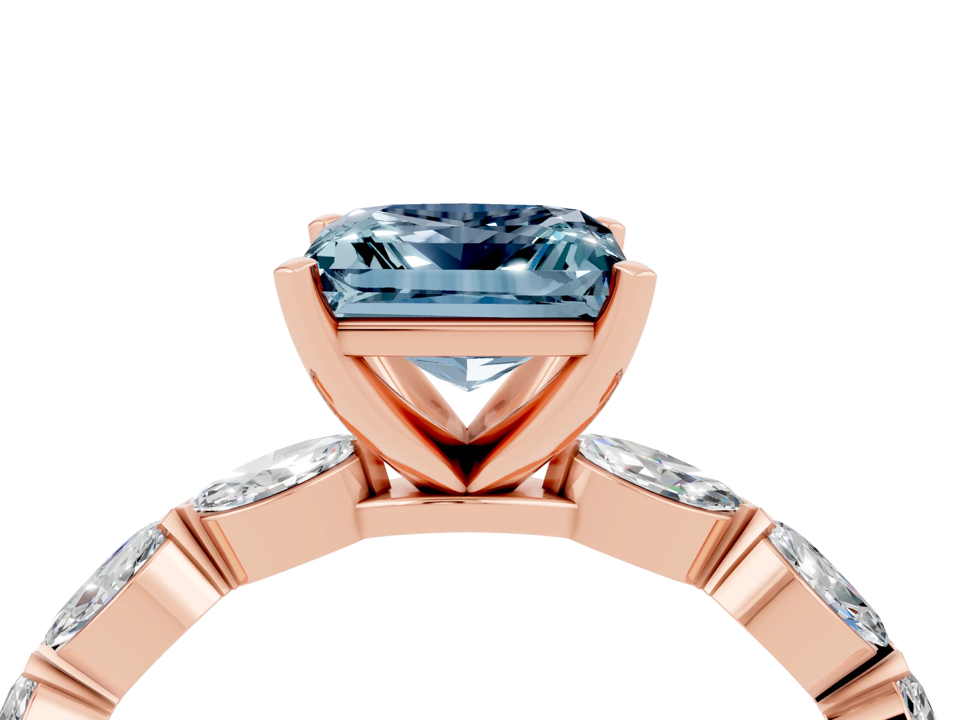 Rose gold Princess Cut Aquamarine Ring with Marquise Side Stones and Prong Setting_4