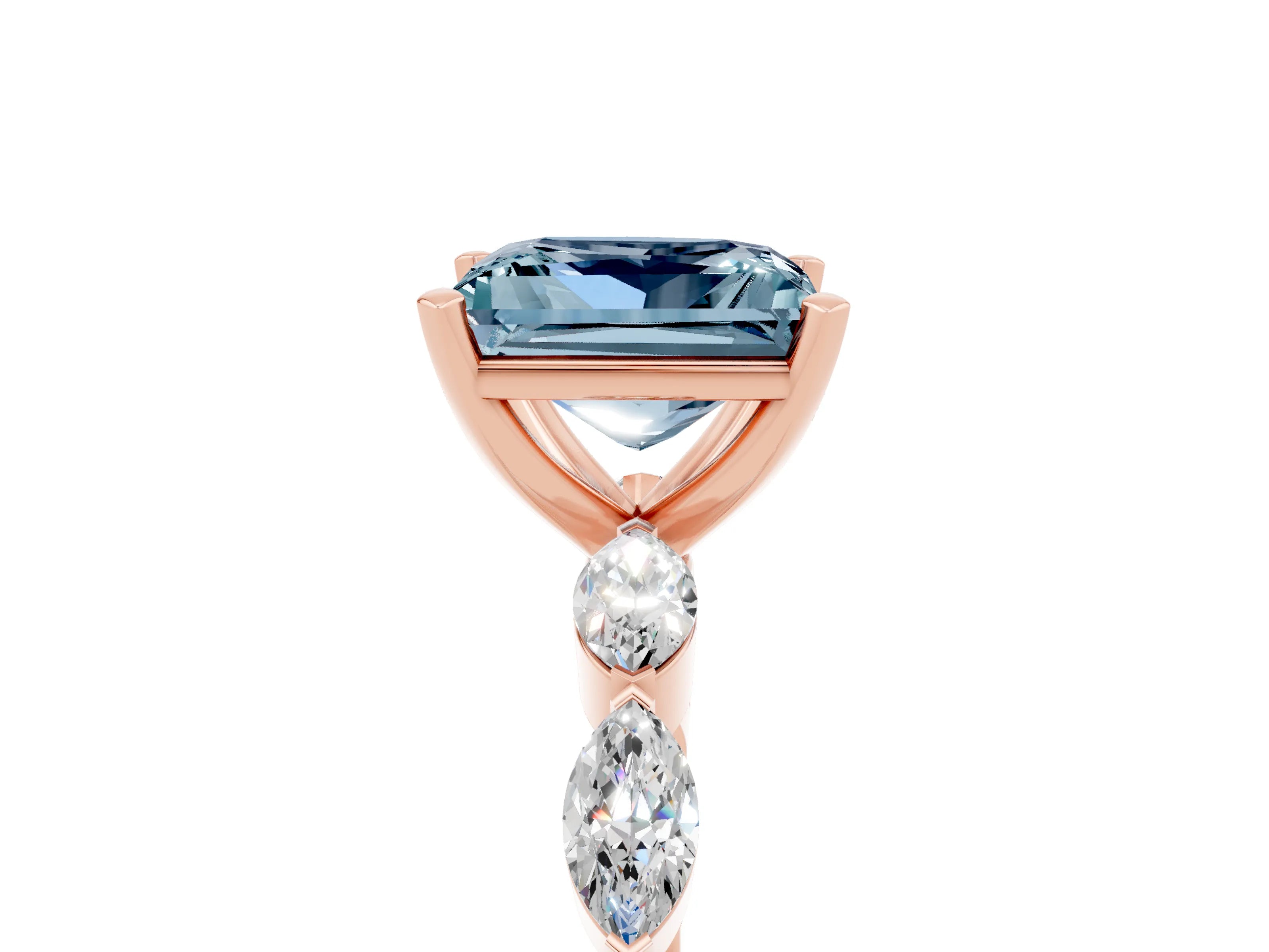Rose gold Princess Cut Aquamarine Ring with Marquise Side Stones and Prong Setting_5