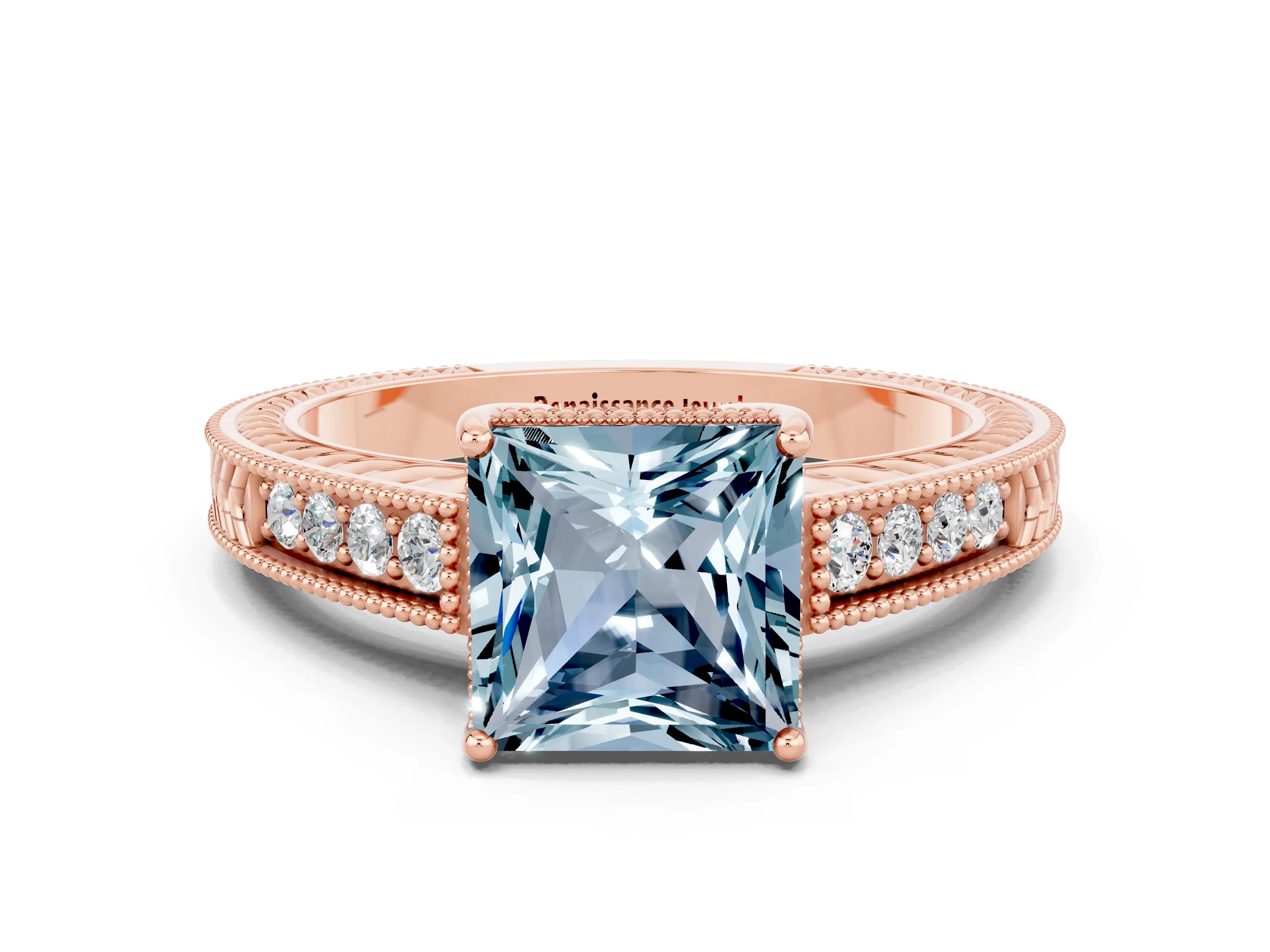 Rose gold Princess Cut Aquamarine Ring with Milgrain Pavé Band and Four-Prong Setting_12
