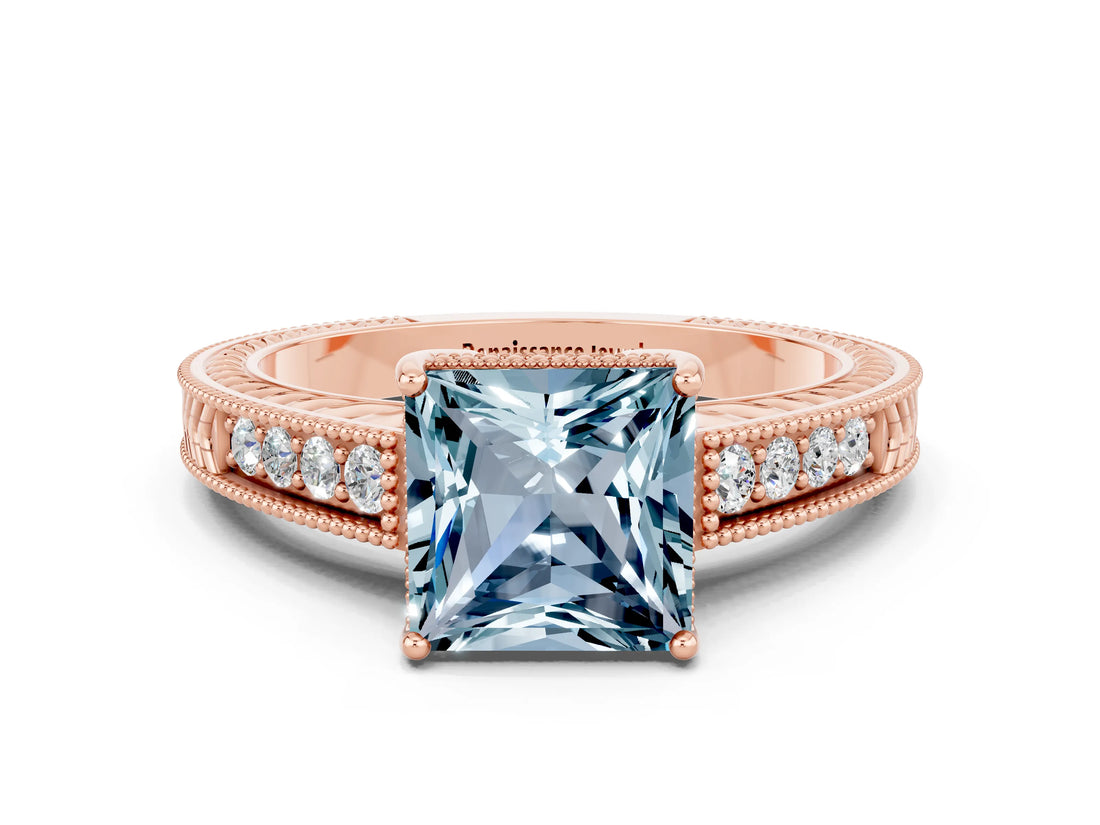 Rose gold Princess Cut Aquamarine Ring with Milgrain Pavé Band and Four-Prong Setting_12