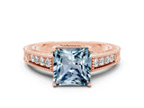 Rose gold Princess Cut Aquamarine Ring with Milgrain Pavé Band and Four-Prong Setting_12