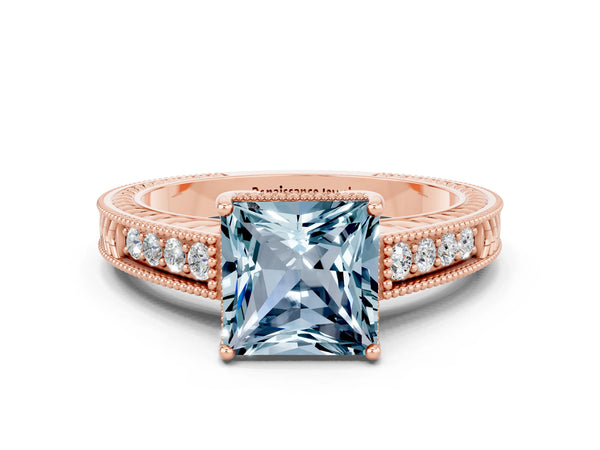 Rose gold Princess Cut Aquamarine Ring with Milgrain Pavé Band and Four-Prong Setting