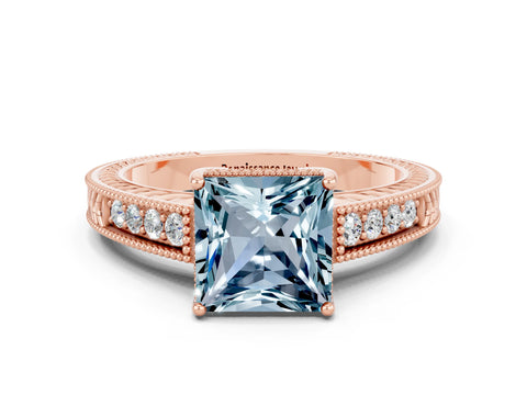 Rose gold Princess Cut Aquamarine Ring with Milgrain Pavé Band and Four-Prong Setting_12
