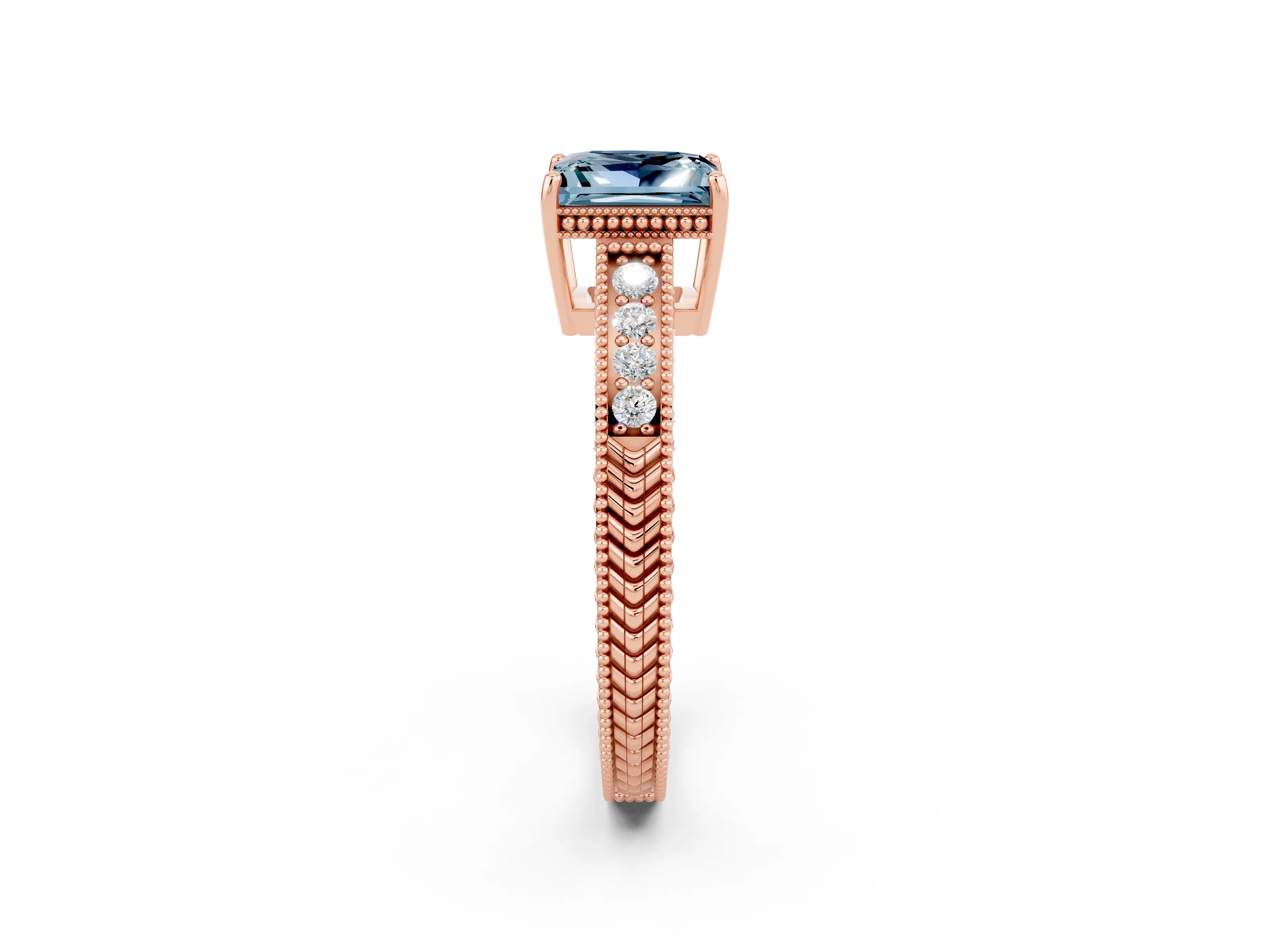Rose gold Princess Cut Aquamarine Ring with Milgrain Pavé Band and Four-Prong Setting_14