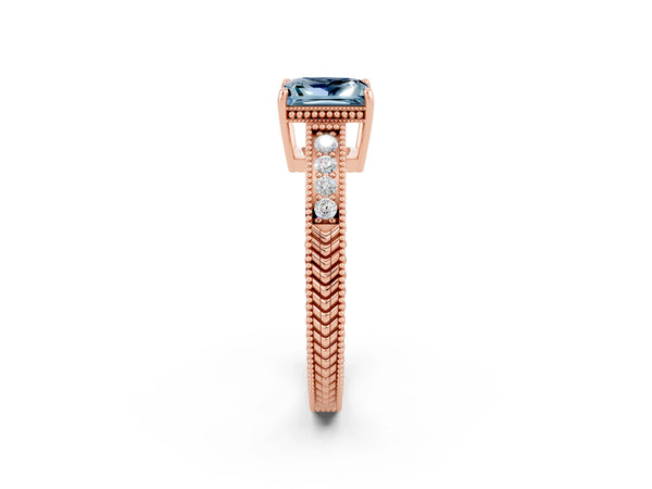 Rose gold Princess Cut Aquamarine Ring with Milgrain Pavé Band and Four-Prong Setting