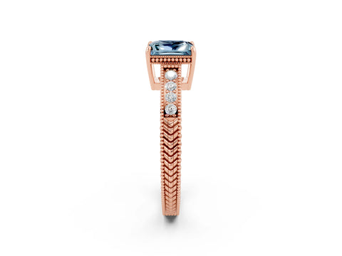 Rose gold Princess Cut Aquamarine Ring with Milgrain Pavé Band and Four-Prong Setting_14