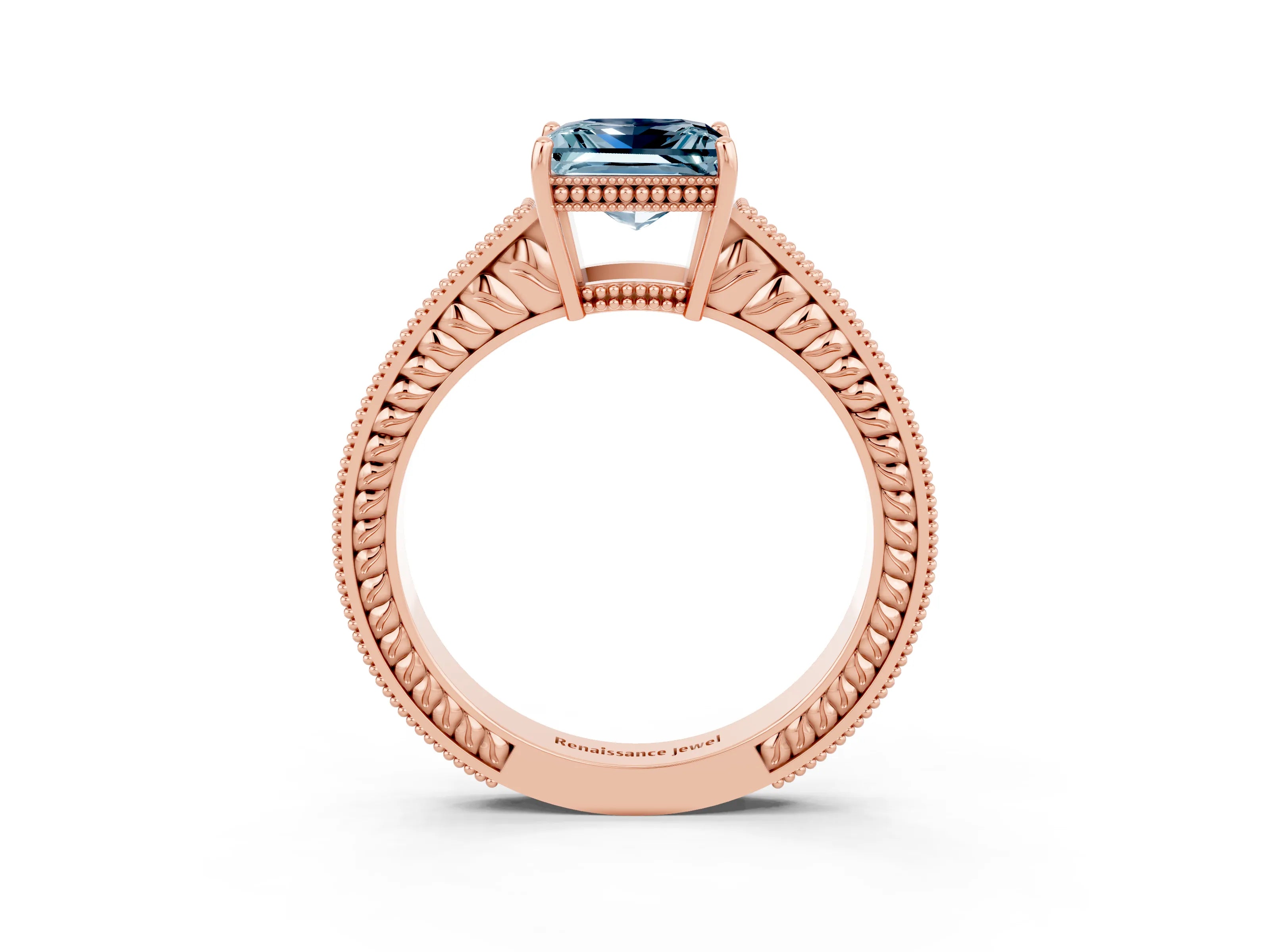 Rose gold Princess Cut Aquamarine Ring with Milgrain Pavé Band and Four-Prong Setting_15