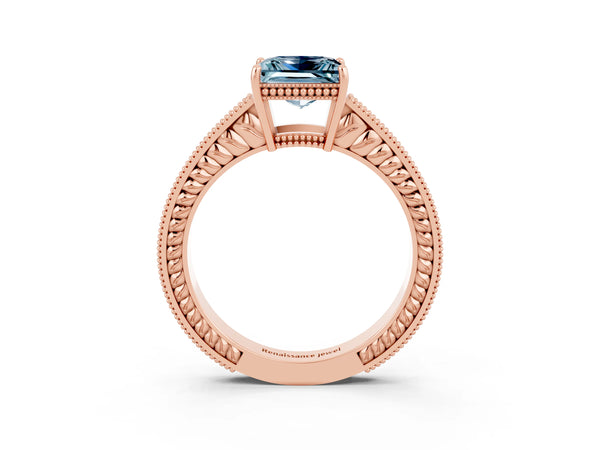 Rose gold Princess Cut Aquamarine Ring with Milgrain Pavé Band and Four-Prong Setting