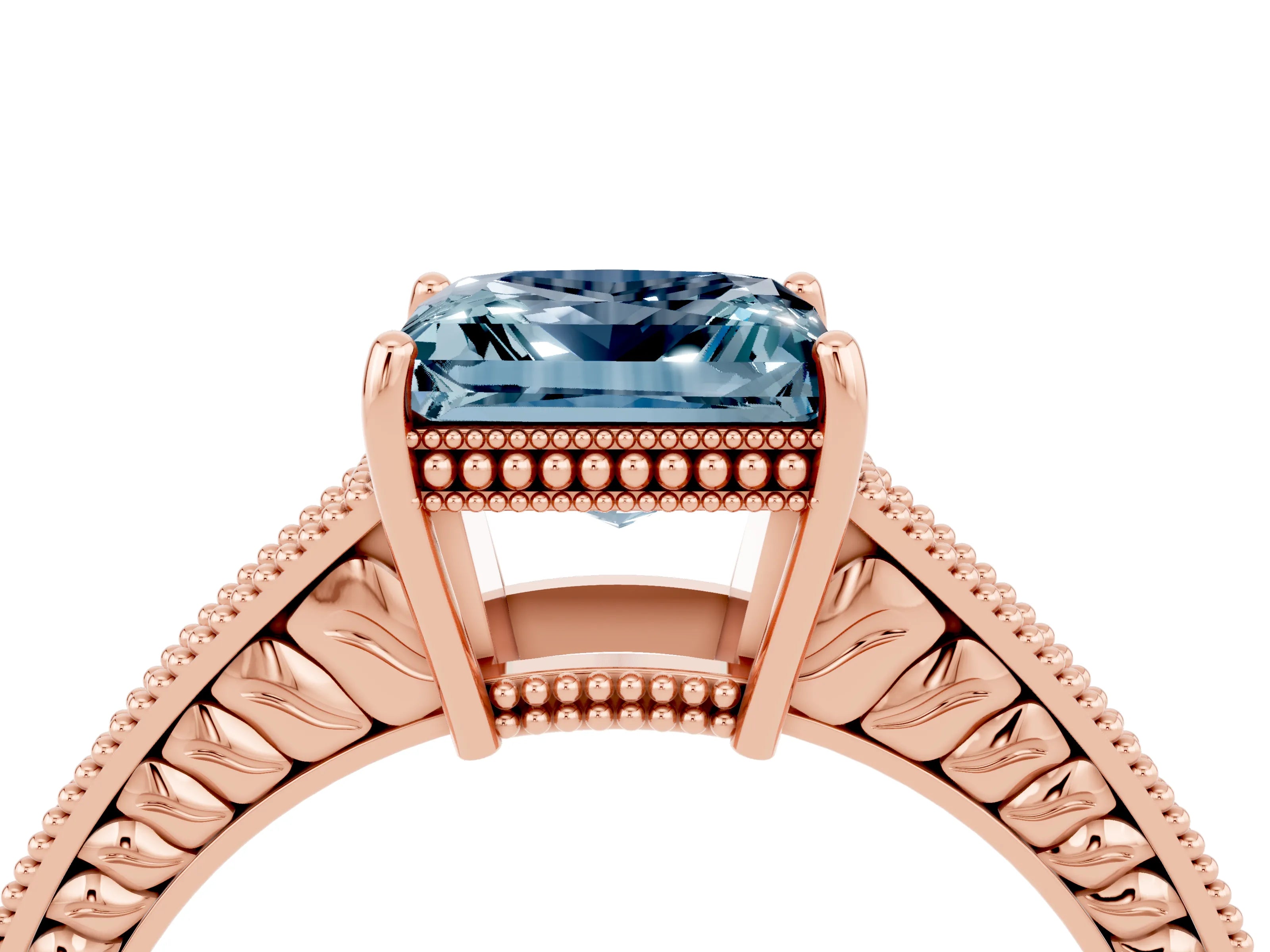 Rose gold Princess Cut Aquamarine Ring with Milgrain Pavé Band and Four-Prong Setting_16
