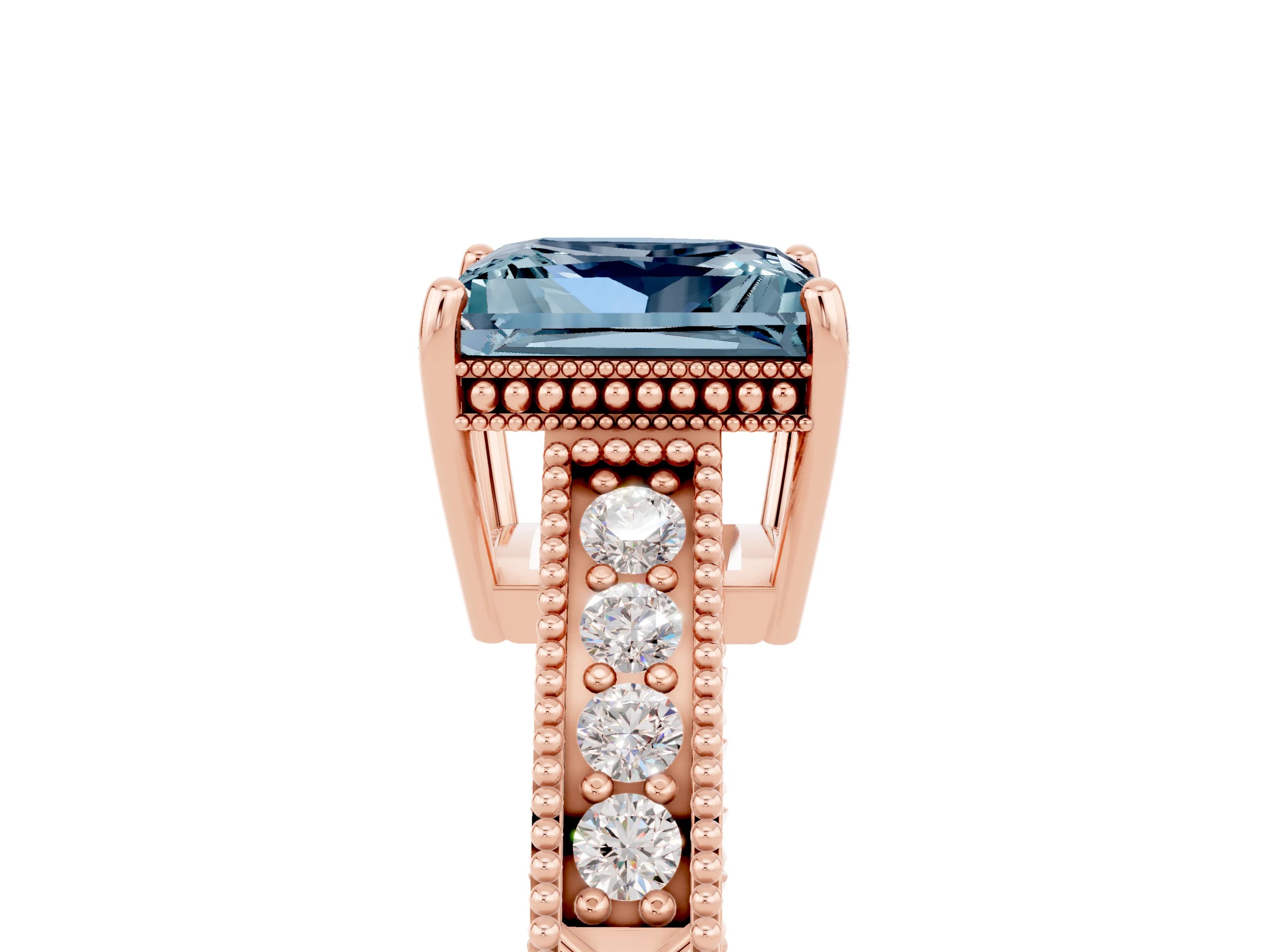 Rose gold Princess Cut Aquamarine Ring with Milgrain Pavé Band and Four-Prong Setting_17