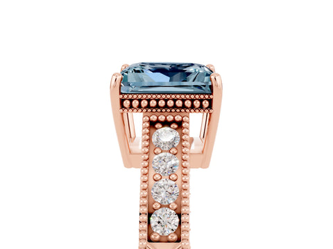 Rose gold Princess Cut Aquamarine Ring with Milgrain Pavé Band and Four-Prong Setting_17