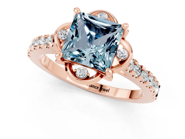Rose gold Princess Cut Aquamarine Ring with Pavé Band and Floral Prong Setting
