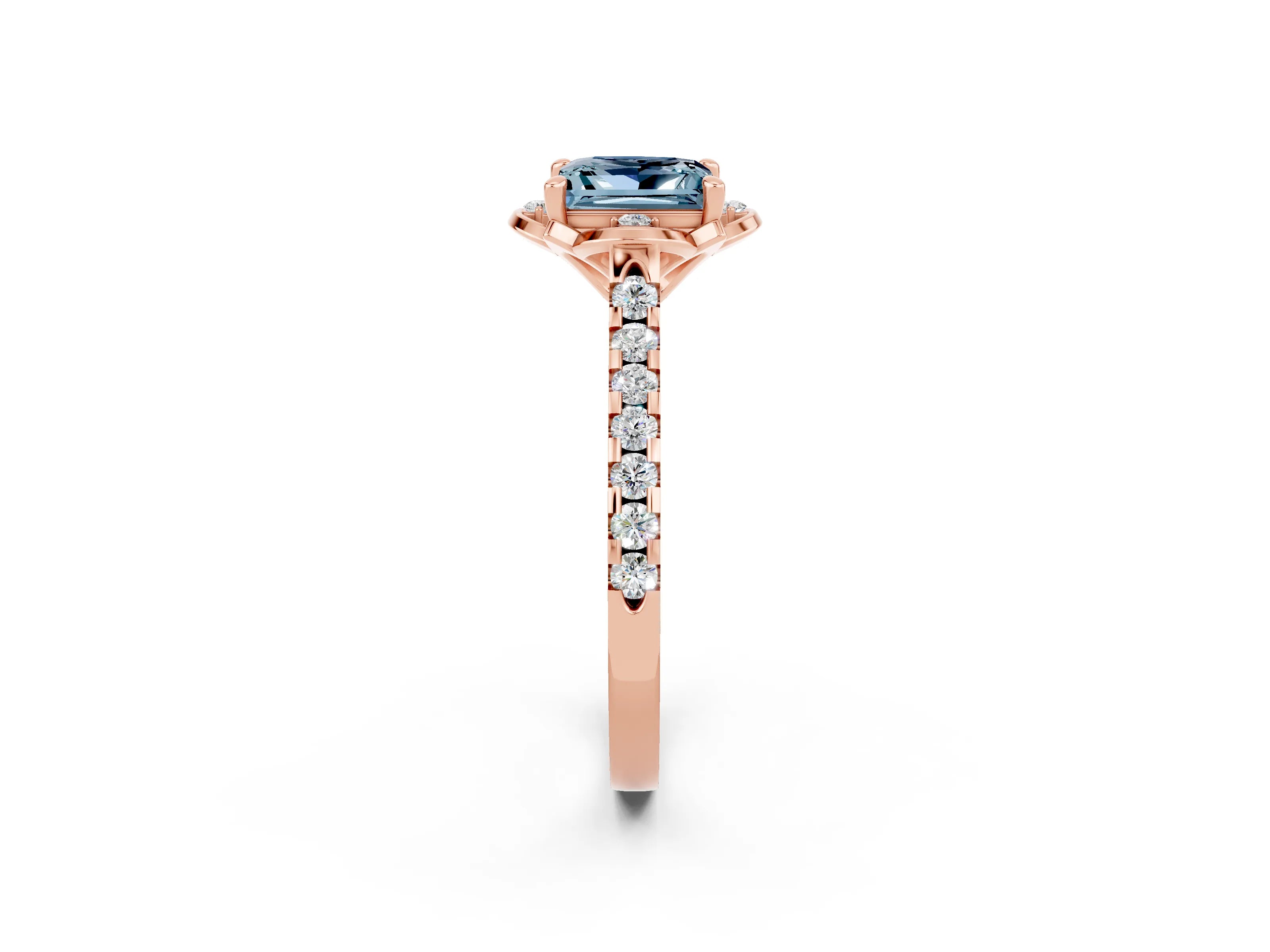 Rose gold Princess Cut Aquamarine Ring with Pavé Band and Floral Prong Setting_2