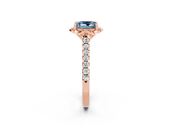 Rose gold Princess Cut Aquamarine Ring with Pavé Band and Floral Prong Setting
